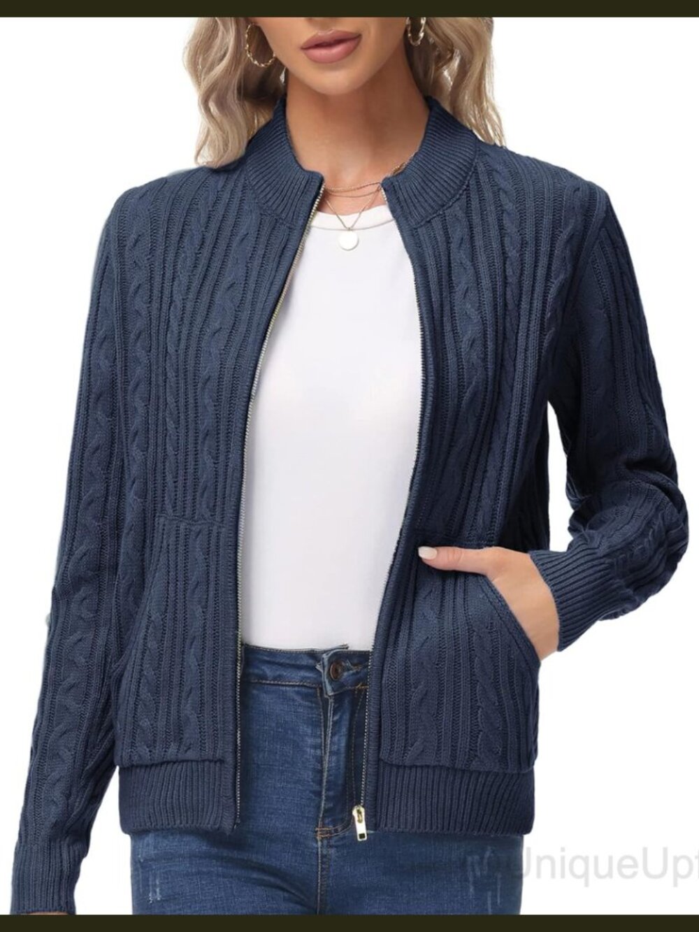 Women's Chunky Cable Knit Zip Up Cardigan with Pockets, Soft Chenille Sweater